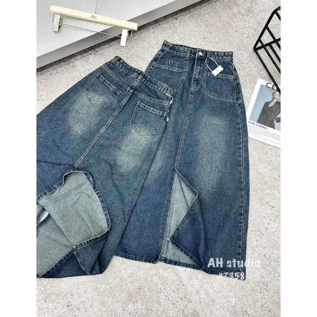 Chân váy jeans dài tua vạt tròn