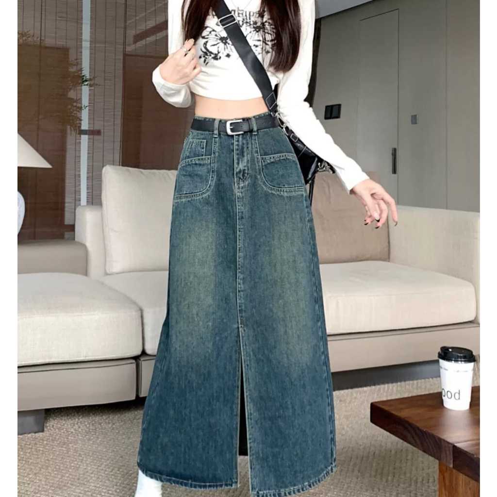 Chân váy jeans dài tua vạt tròn