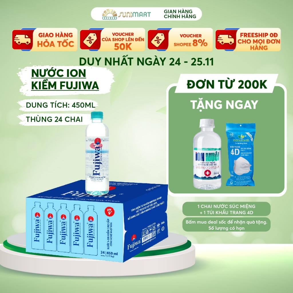 Nước uống ion kiềm Fujiwa 450ml Sunimart– Thùng 24 chai