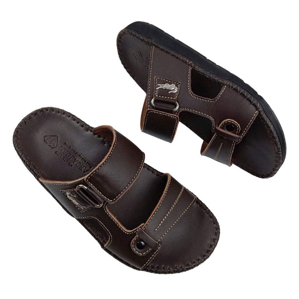 Dép nam quai ngang da bò D75 thiết kế thời trang mạnh mẽ đế lõm ôm chân