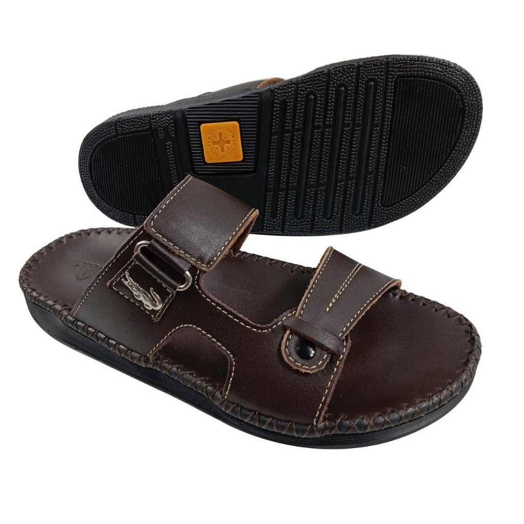 Dép nam quai ngang da bò D75 thiết kế thời trang mạnh mẽ đế lõm ôm chân