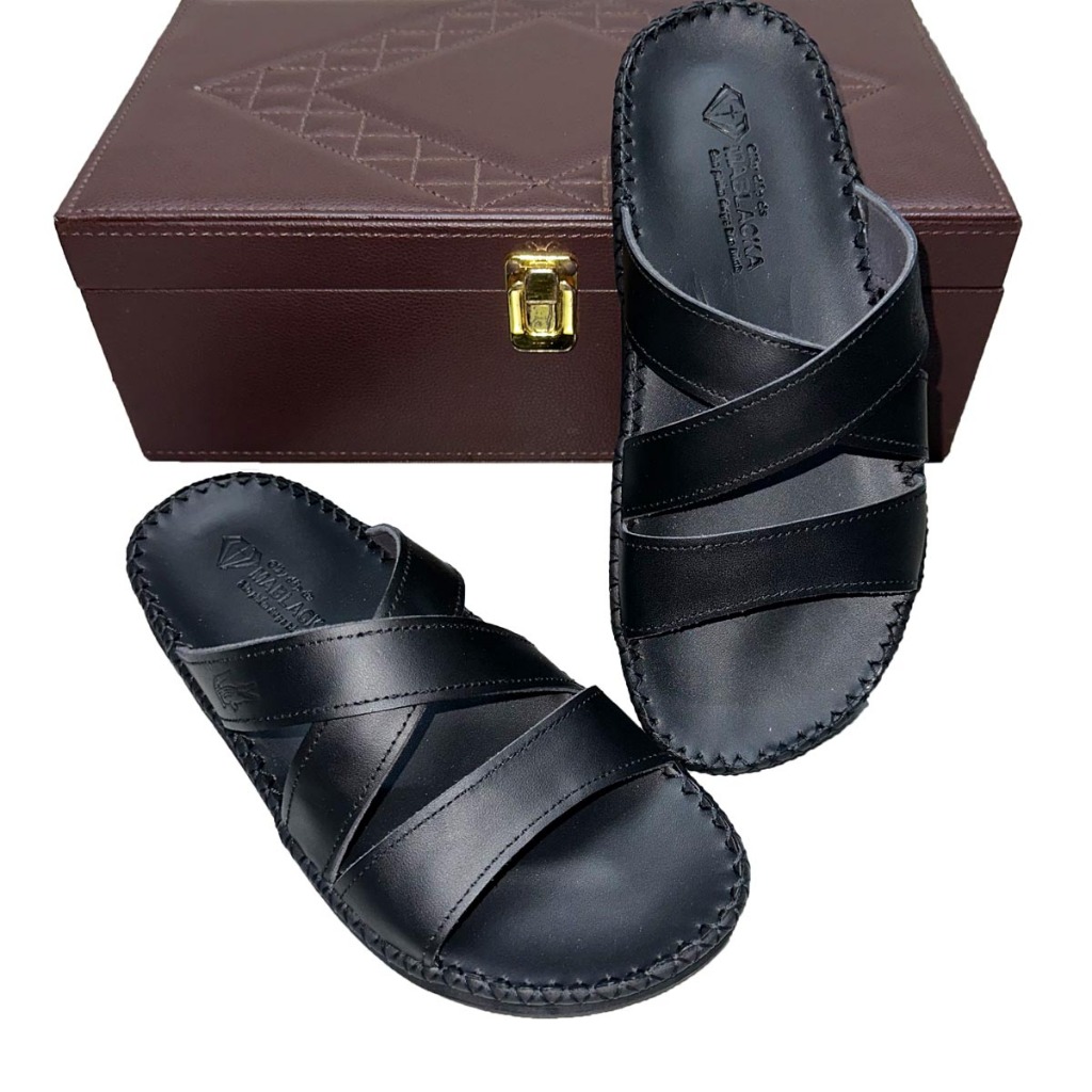 Dép nam quai ngang da bò D75 thiết kế thời trang mạnh mẽ đế lõm ôm chân