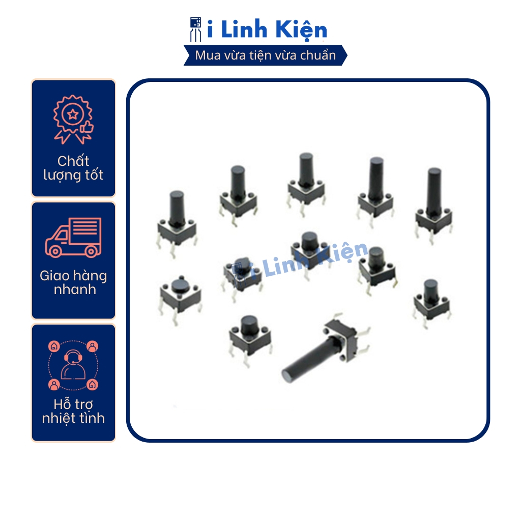 Nút nhấn 4 chân 6x6x5/6/7/8/9/10/12/14/15/17mm tiếp điểm đồng.