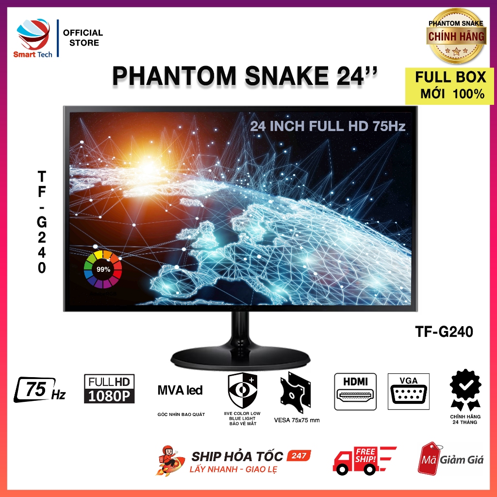 Màn hình máy tính PC 24inch Phantom Snake  chính hãng 75Hz -  Full HD - mới fullbox 100% hộp nguyên seal - BH 24 tháng