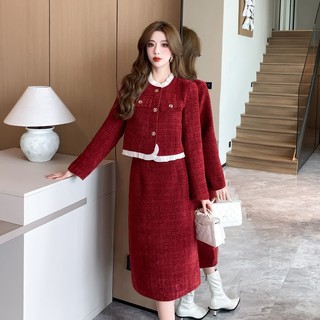 Sét áo dạ kèm chân váy dài dạ tweed phủ nhung màu đỏ màu đen hàng QC 1