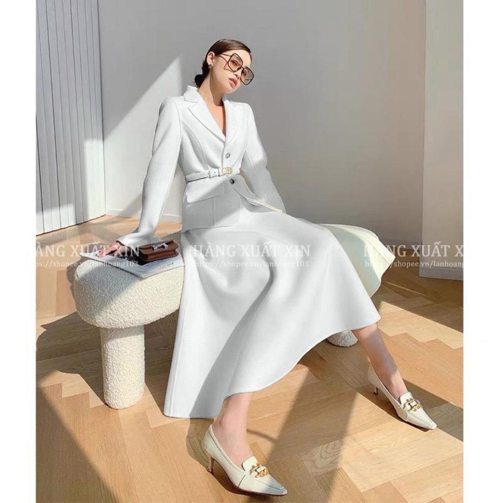 Bộ áo vest và chân váy vero kèm belt đen trắng