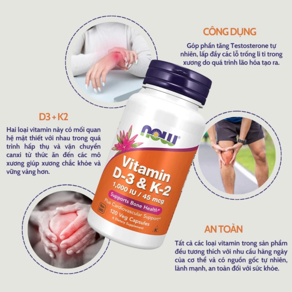 Viên uống D3 K2 1000 IU 45 mcg Now của Mỹ hỗ trợ cho xương chắc khỏe lọ 120 viên