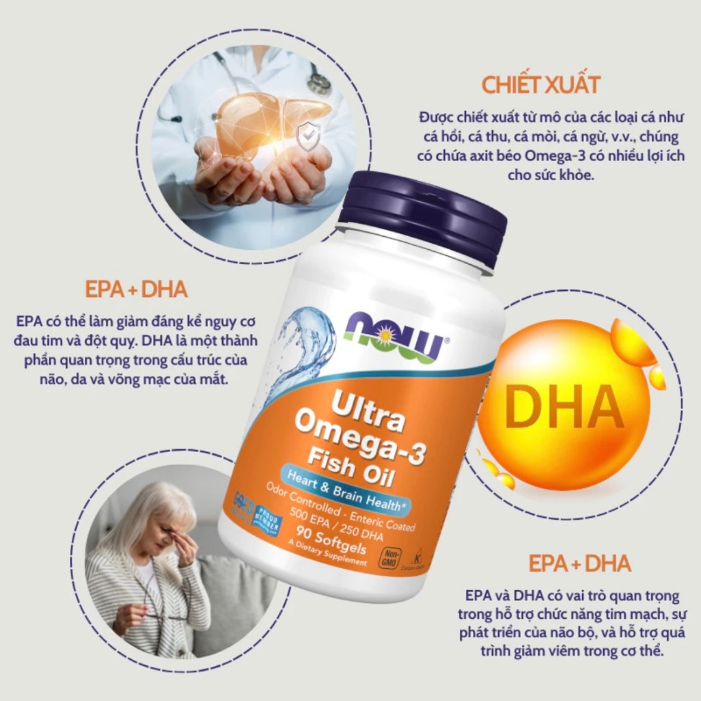 Dầu cá Now Ultra Omega-3 500 EPA/250 DHA bổ mắt tăng đề kháng lọ 90 viên
