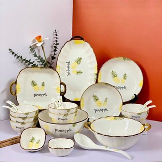 Bộ chén dĩa, bát đĩa cao cấp họa tiết quả dứa gốm sứ Gosumi an toàn men sáng đẹp