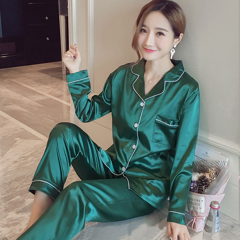 Bộ lụa pijama mặc nhà, Đồ ngủ nữ dài tay màu trơn phi bóng DDLP06