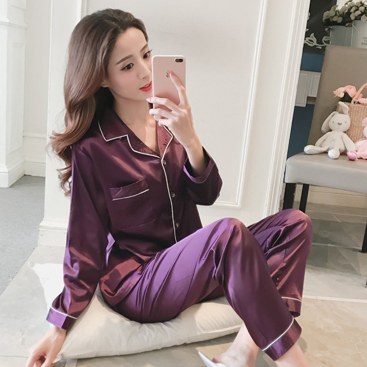 Bộ lụa pijama mặc nhà, Đồ ngủ nữ dài tay màu trơn phi bóng DDLP06