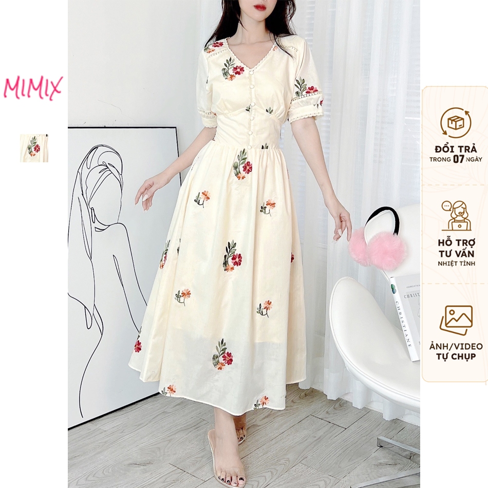 Đầm Maxi Nữ Cổ V Tay Ngắn Thêu Hoa Phối Nút Bọc Chất Boi Thêu MIMIX DW3245