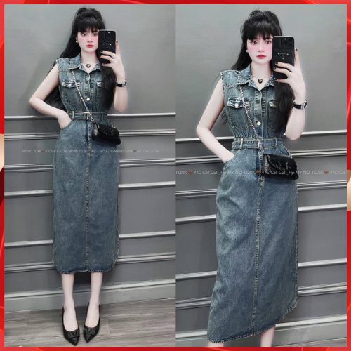 Váy bò sát nách dáng dài hàng quảng châu chất jean mềm - Đầm jeans sát nách nữ