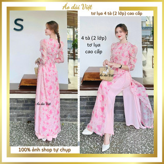 Áo dài 4 tà tay phồng cổ tròn hoa nhí tơ lụa truyền thống màu hồng giáo viên đi dạy công sở may sẵn