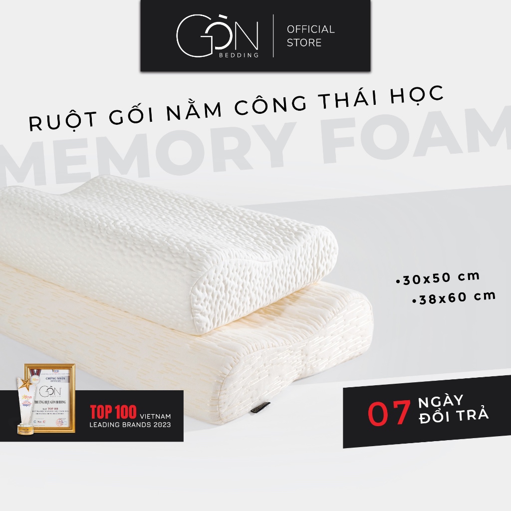 Gối Ngủ Memory Foam Gòn Bedding Ruột Gối Cao Su Non Thiết Kế Công Thái Học Chống Đau Mỏi Vai Gáy 30x50, 38x60 Cm