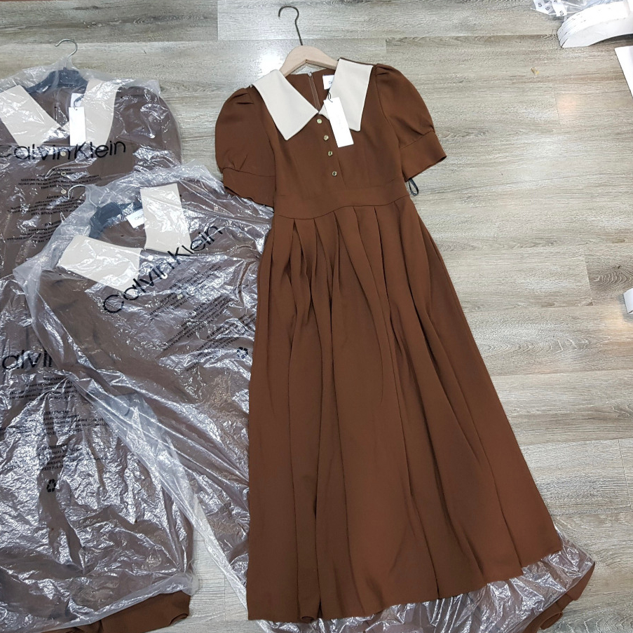 Đầm váy midi CK cổ sơ mi kết hợp dập ly siêu đẹp