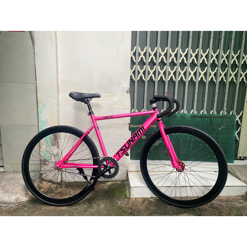 Xe đạp thể thao fixed gear & single speed tsunami hồng bánh đen ( KÈM STRAP và đồ lắp)
