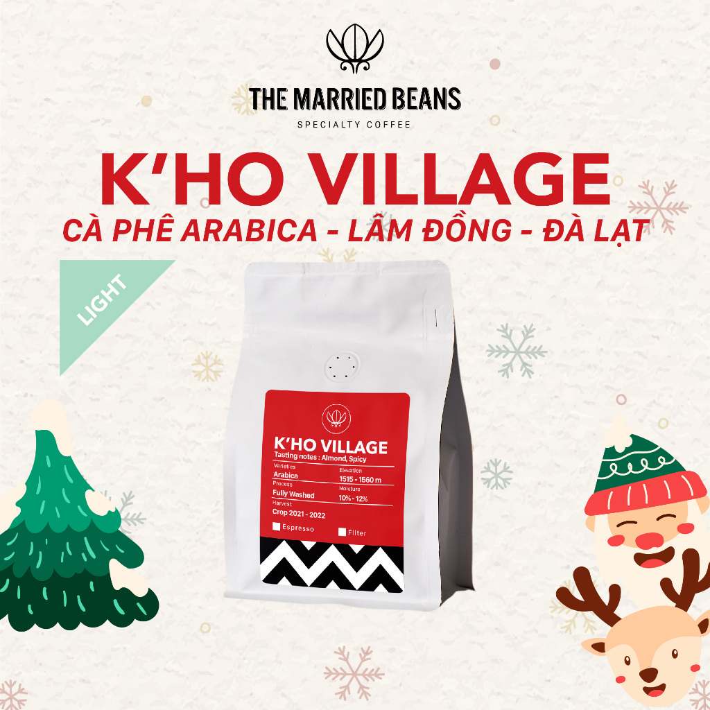 Cà phê đặc sản rang mộc Arabica 100% K'Ho Village, rang nhạt (pour over, cold brew) THE MARRIED BEANS (Túi 250gr)