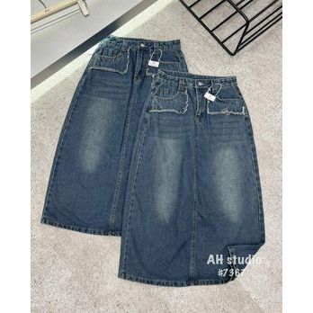 Chân váy jeans dài tua túi
