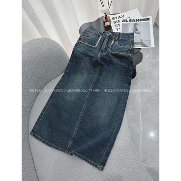 Chân váy jeans dài tua túi