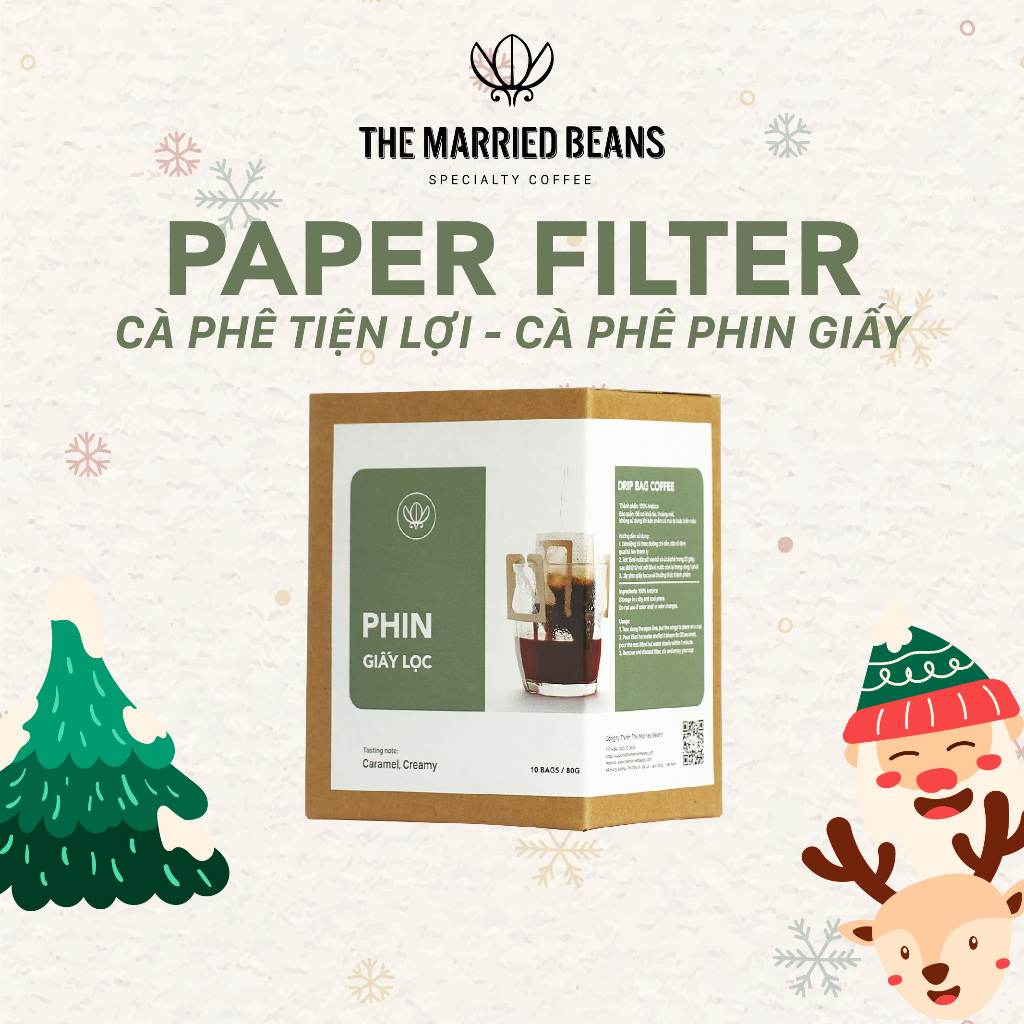 Cà phê tiện lợi - Cà phê phin giấy (cà phê arabica 100%) hương vị sô-cô-la cân bằng THE MARRIED BEANS (Hộp 10 gói)