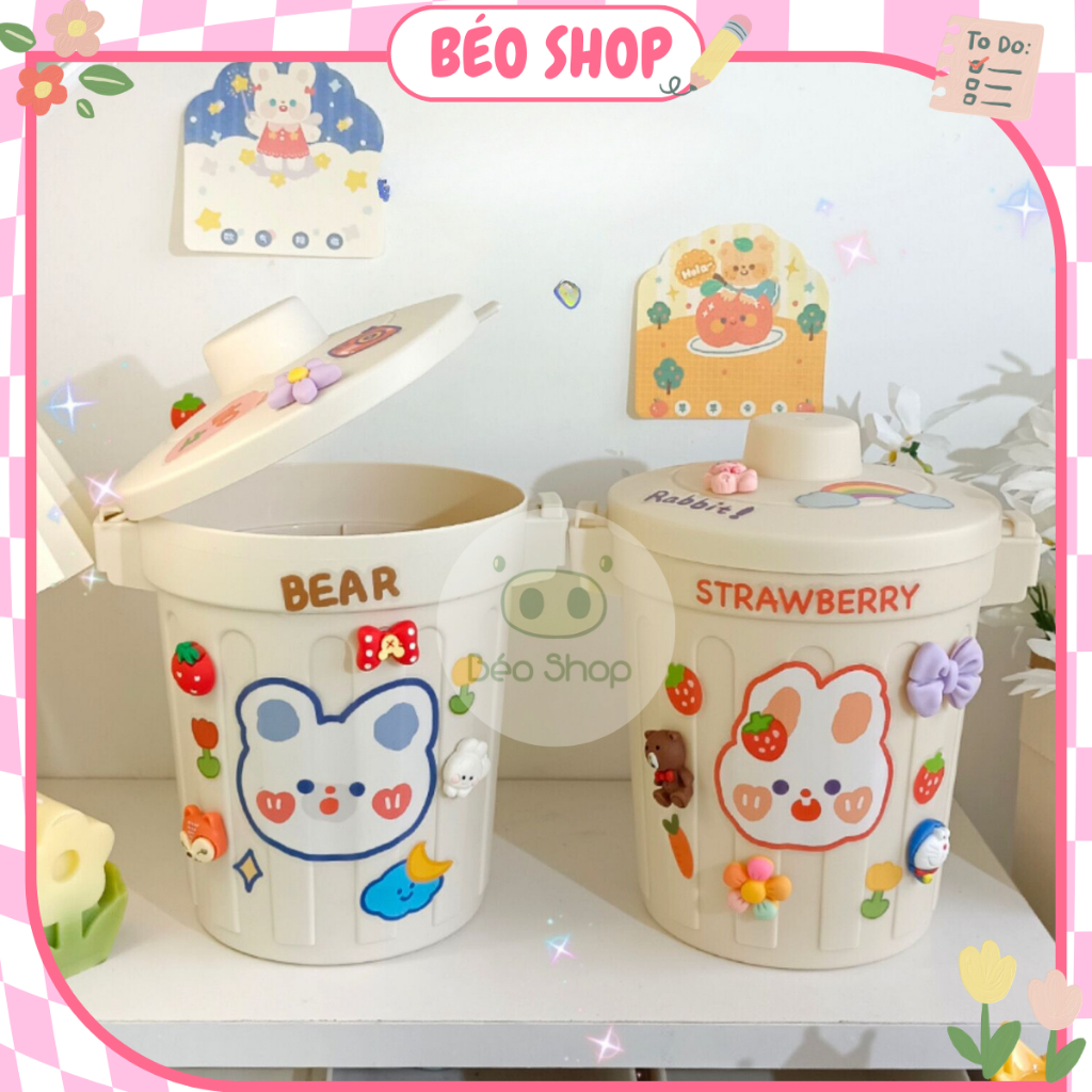 Thùng rác mini ống đựng bút để bàn Pkbeoshop có nắp đậy tặng kèm sticker dán trang trí hộp đựng đồ đa năng bằng nhựa