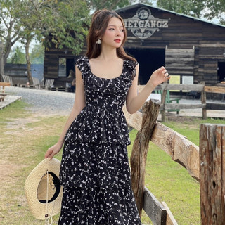 Colus - đầm hoa nhí sắc đen 4 tầng cổ bèo phù hợp đi chơi , du lịch