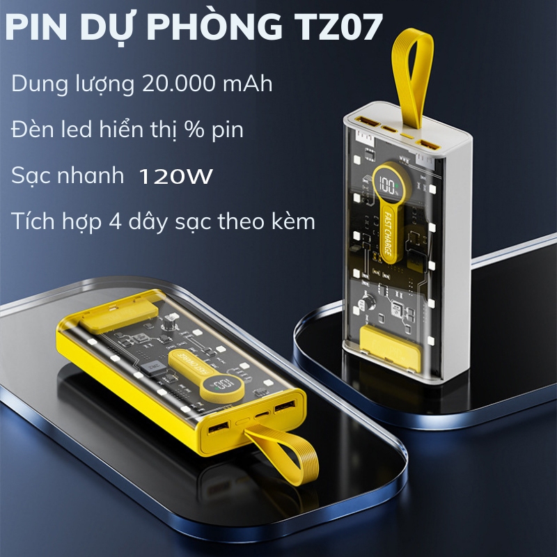 Sạc dự phòng trong suốt 20000mah TZ07 với 2 cổng sạc nhanh 22,5W và PD 120W,pin dự phòng nhiều đầu sạc màn hình led tốt