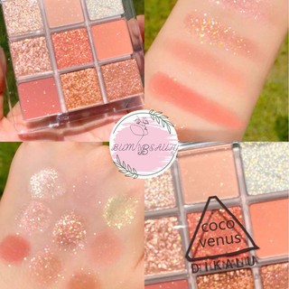 Bảng phấn mắt 9 Ô Coco Venus nhũ lì mềm mượt, Bảng màu mắt tone hồng cam 9 ô Dikalu nhũ lì kim tuyến lắp lánh