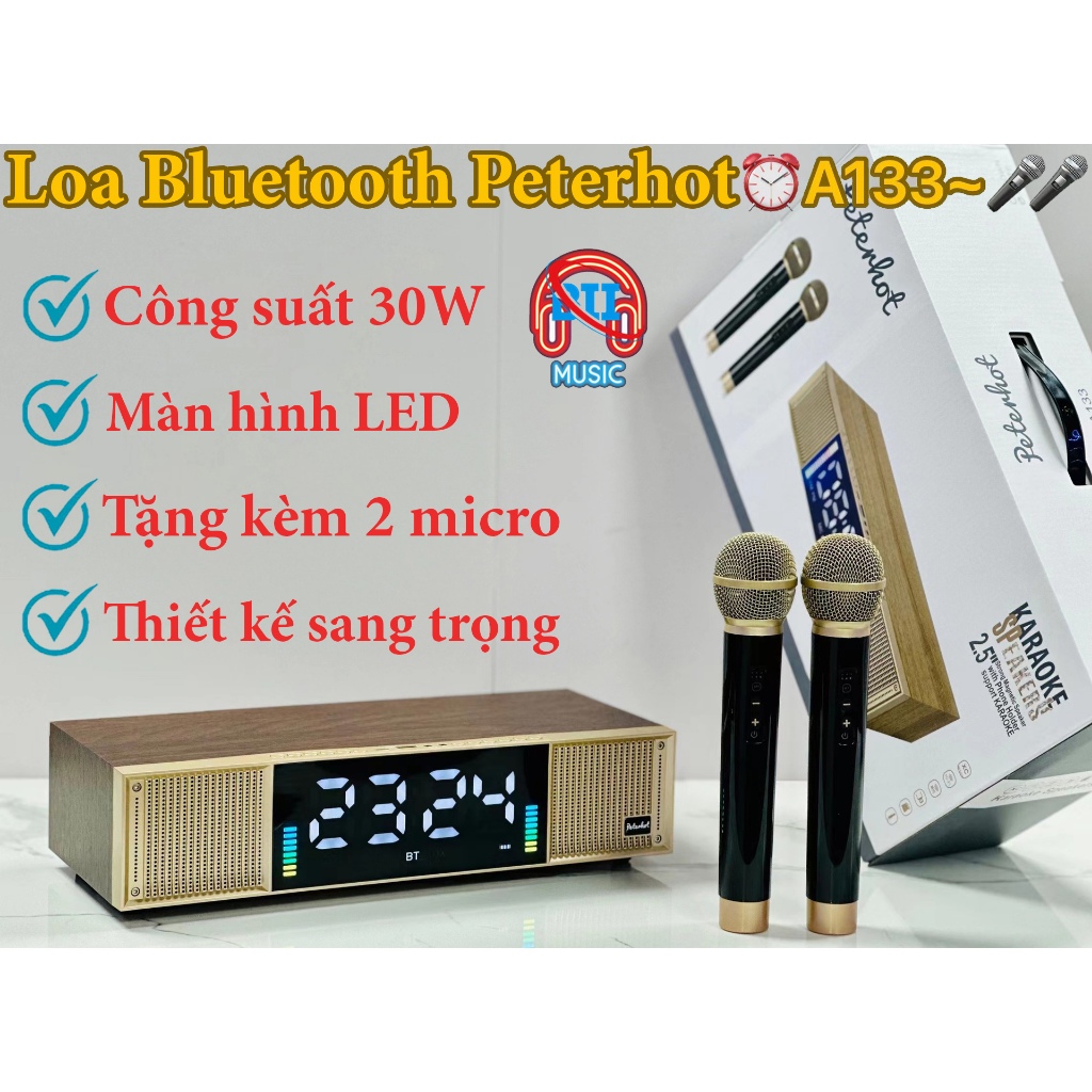 Loa bluetooth Peterhot A133 cao cấp tặng kèm 2 micro, Loa hát karaoke gia đình, âm thanh sống động, thiết kế sang trọng