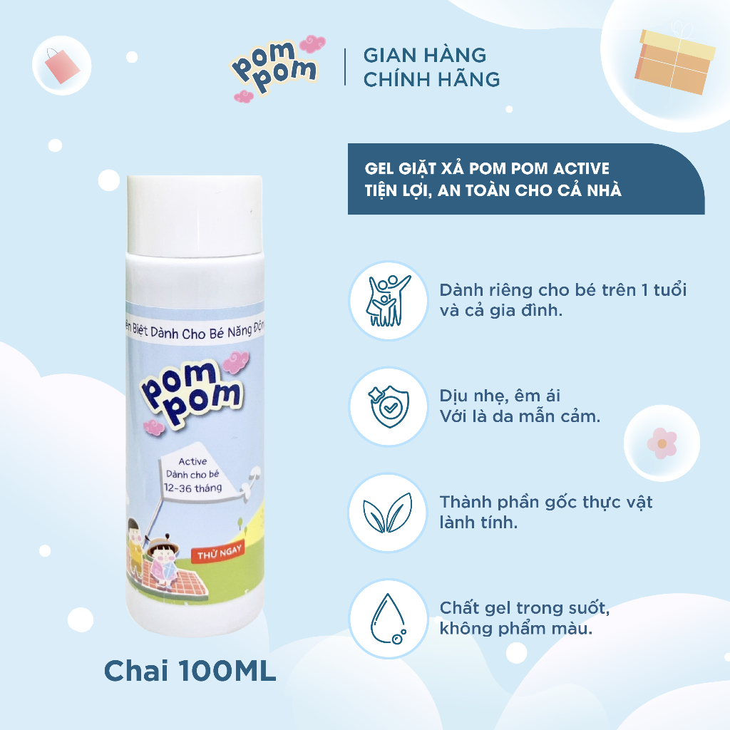 Nước Giặt Xả Cho Bé Trên 1 Tuổi và Cả Nhà Pom Pom Active Sạch mới, Thơm Mềm, Lưu Hương, Dưỡng Vải