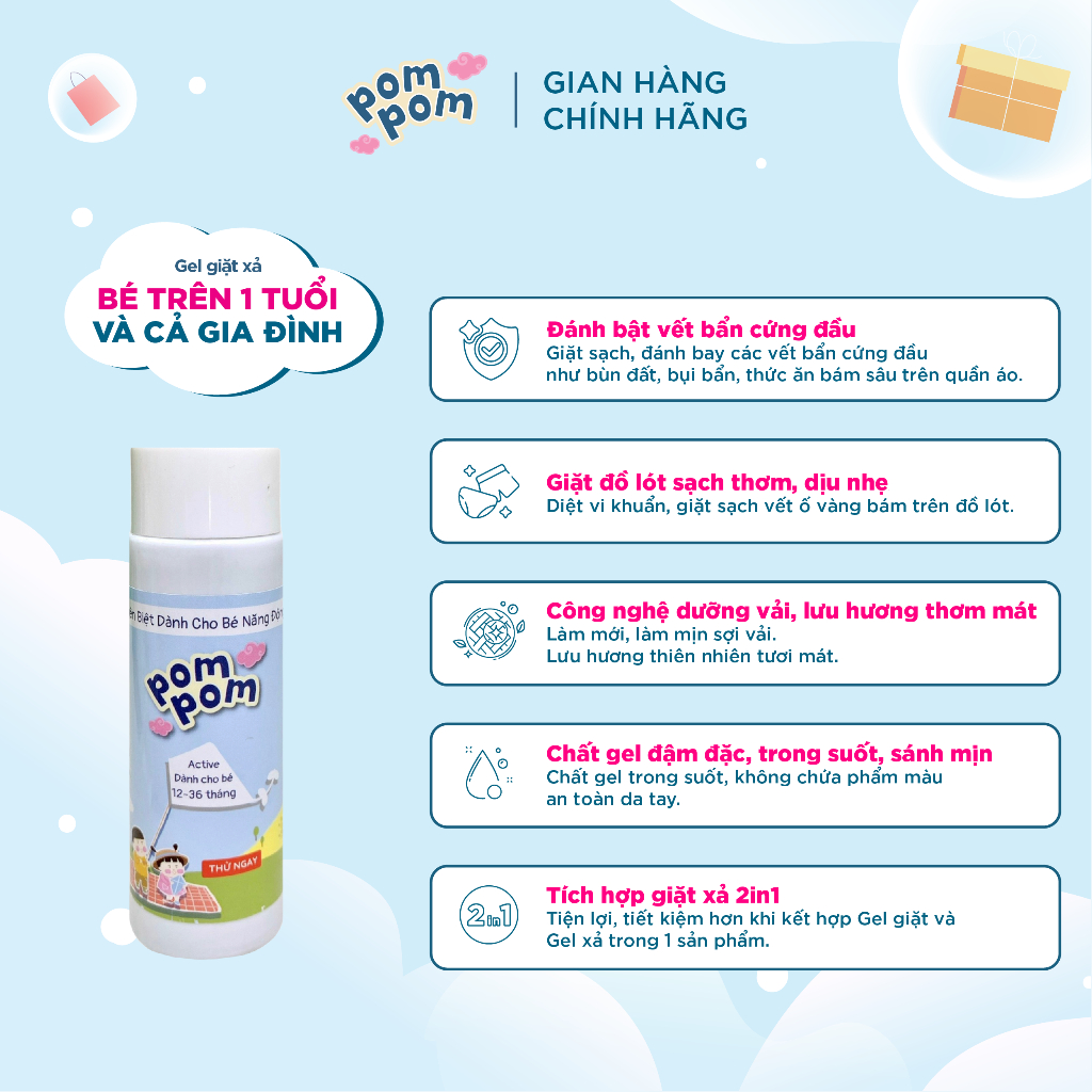 Nước Giặt Xả Cho Bé Trên 1 Tuổi và Cả Nhà Pom Pom Active Sạch mới, Thơm Mềm, Lưu Hương, Dưỡng Vải
