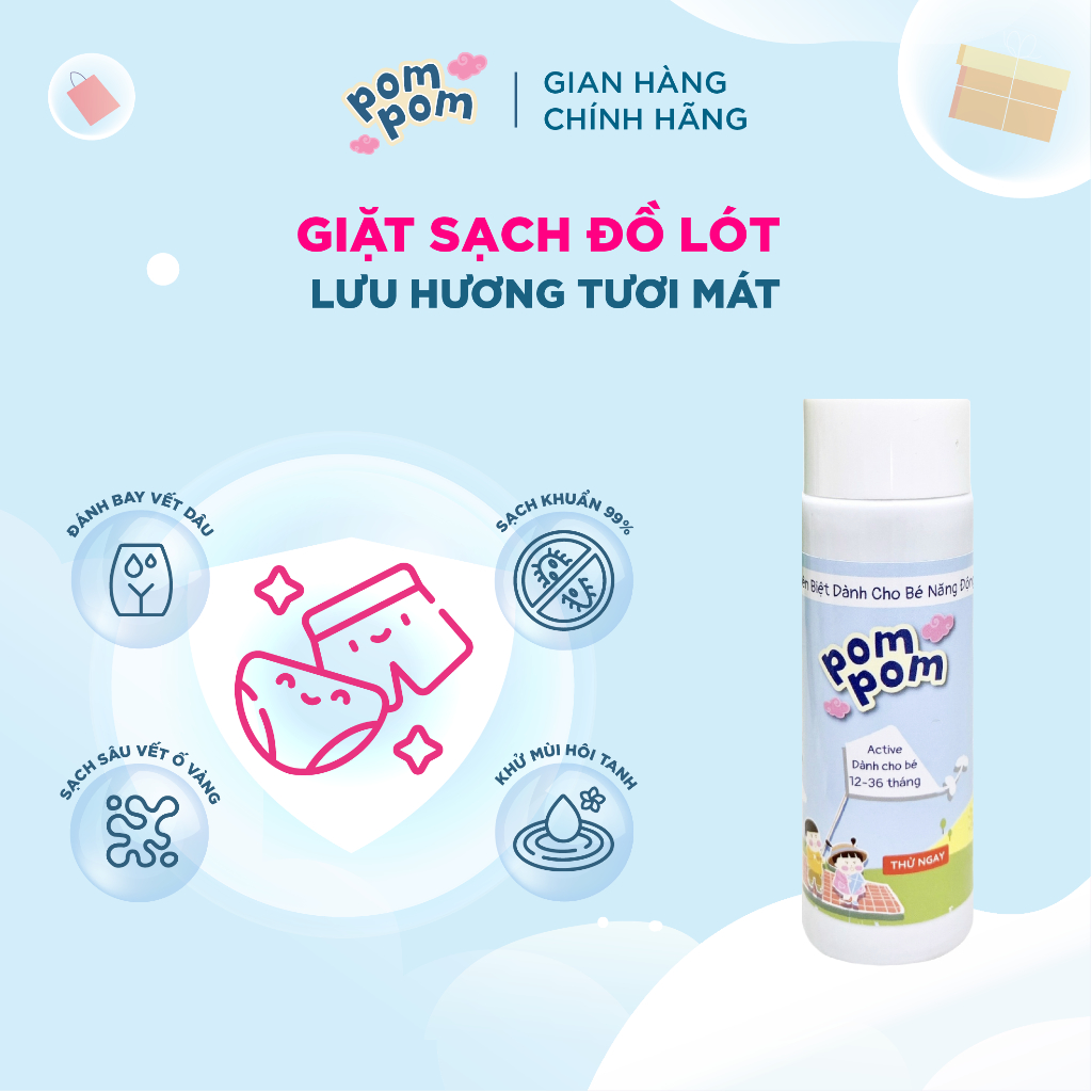 Nước Giặt Xả Cho Bé Trên 1 Tuổi và Cả Nhà Pom Pom Active Sạch mới, Thơm Mềm, Lưu Hương, Dưỡng Vải
