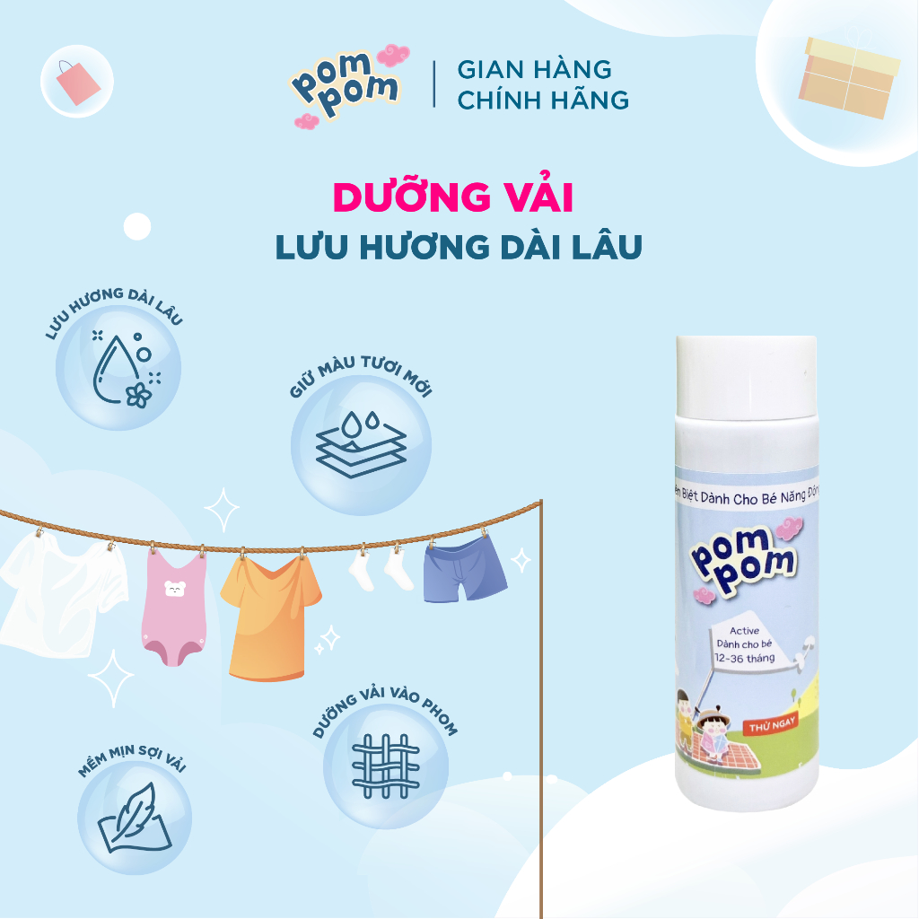 Nước Giặt Xả Cho Bé Trên 1 Tuổi và Cả Nhà Pom Pom Active Sạch mới, Thơm Mềm, Lưu Hương, Dưỡng Vải