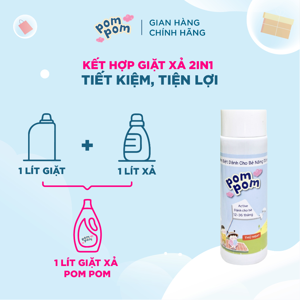 Nước Giặt Xả Cho Bé Trên 1 Tuổi và Cả Nhà Pom Pom Active Sạch mới, Thơm Mềm, Lưu Hương, Dưỡng Vải