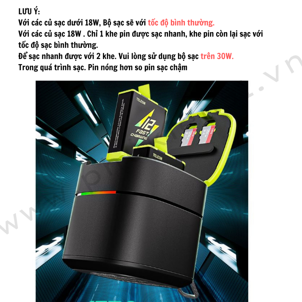 Pin Gopro Hero 12 11 10 9 Black và Bộ Sạc Nhanh PD 20W Telesin - Telesin Fast Charging -  Chính Hãng Telesin