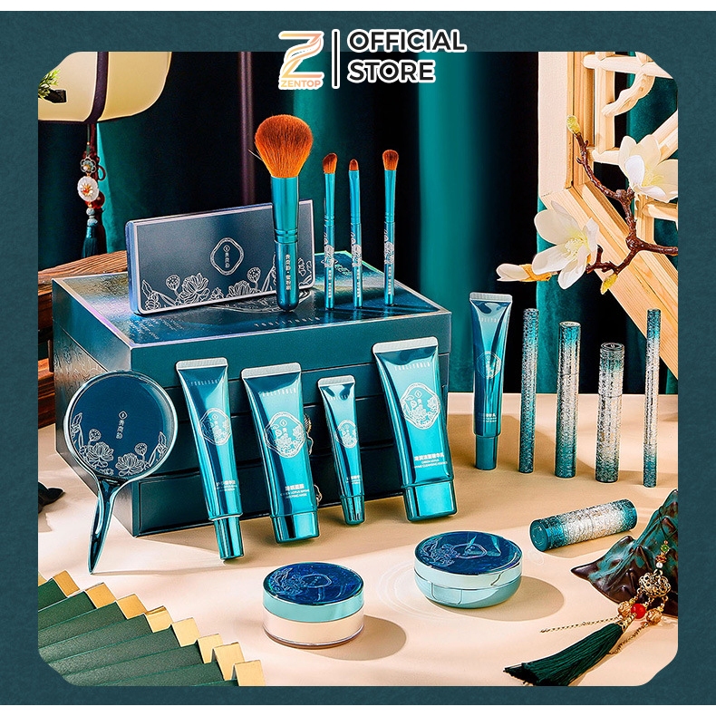 Bộ trang điểm 3 tầng KÈM TÚI ĐỰNG hoa sen xanh set makeup cao cấp sang trọng quà tặng ý nghĩa Zentop
