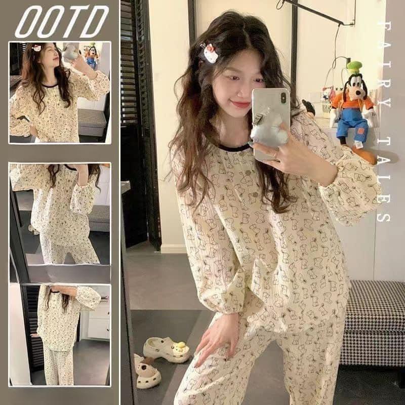 Đồ bộ nữ bộ đồ mặc nhà dài tay cổ tròn họa tiết dễ thương chất thun lạnh mỏng thu đông hcom534