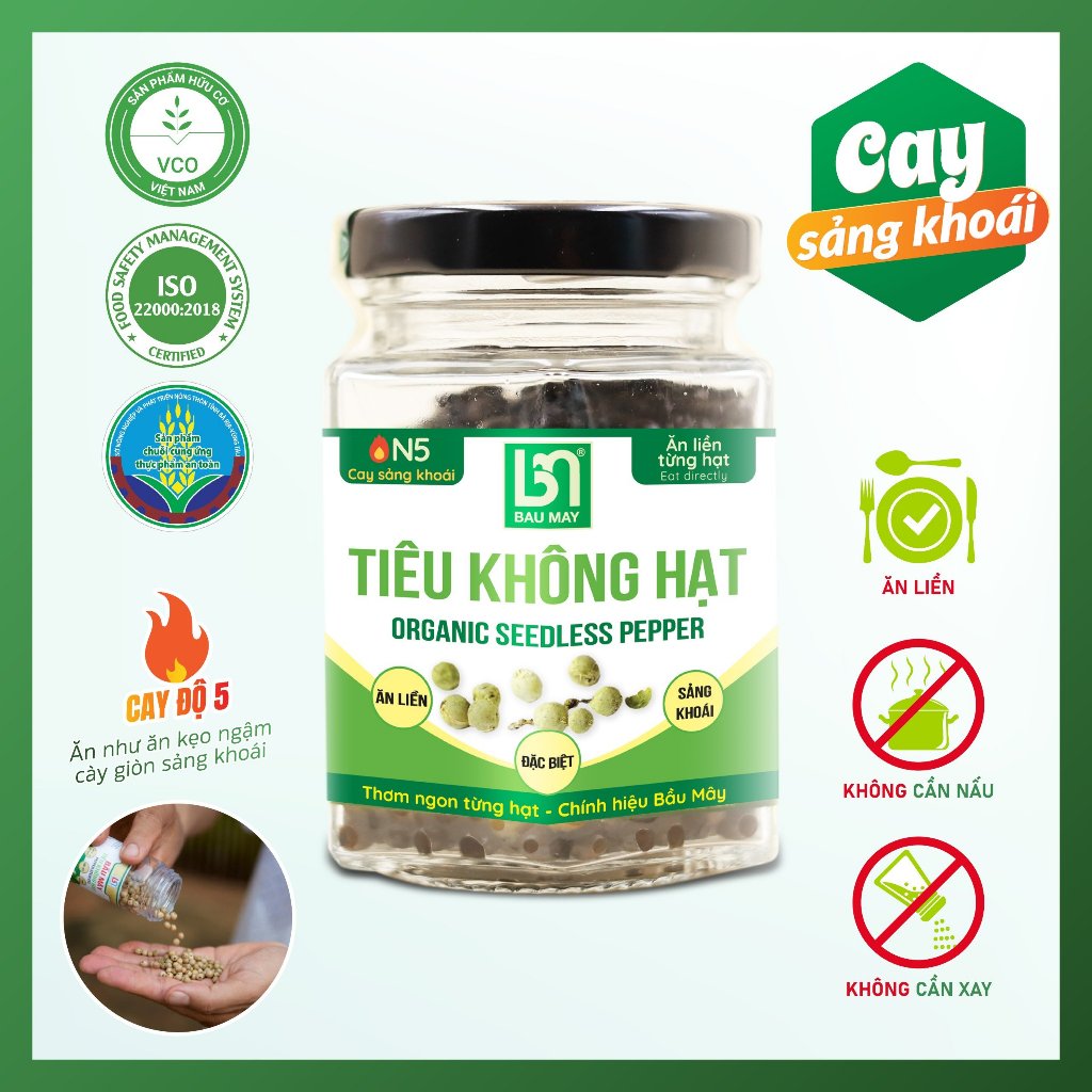 Tiêu không hạt Organic Bầu Mây - Tủ thuốc di dộng giúp Kích thích ăn uống và cải thiện hệ tiêu hóa, Chống buồn ngủ