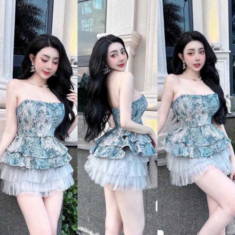 Set Bộ Đồ Nữ Áo Cúp Peplum Xoè Dạ Xanh Loang Dương + Chân Váy Tơ Lưới Mềm Có Lót Quần