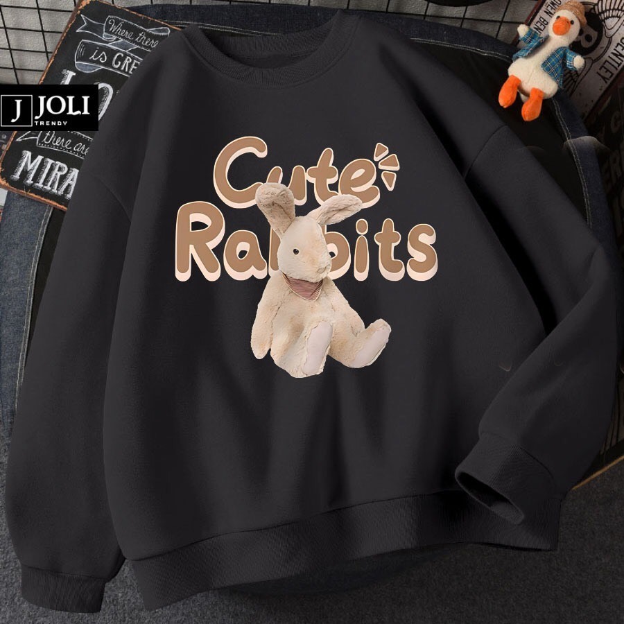 Áo sweater nỉ  Thỏ Ra Bit cute nam nữ form rộng, áo cổ tròn mùa đông unisex vải cotton dày dặn,ấm áp, áo cặp nhóm trend