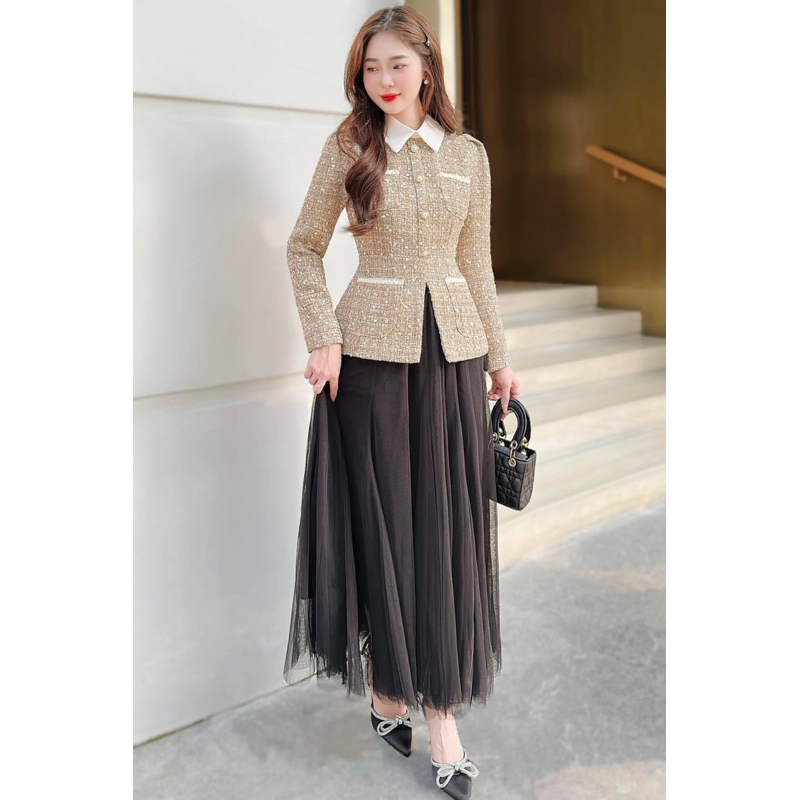 Áo dạ tweed dáng peplum phong cách công sở hàn quốc trẻ trung mặc đi làm đi chơi D2