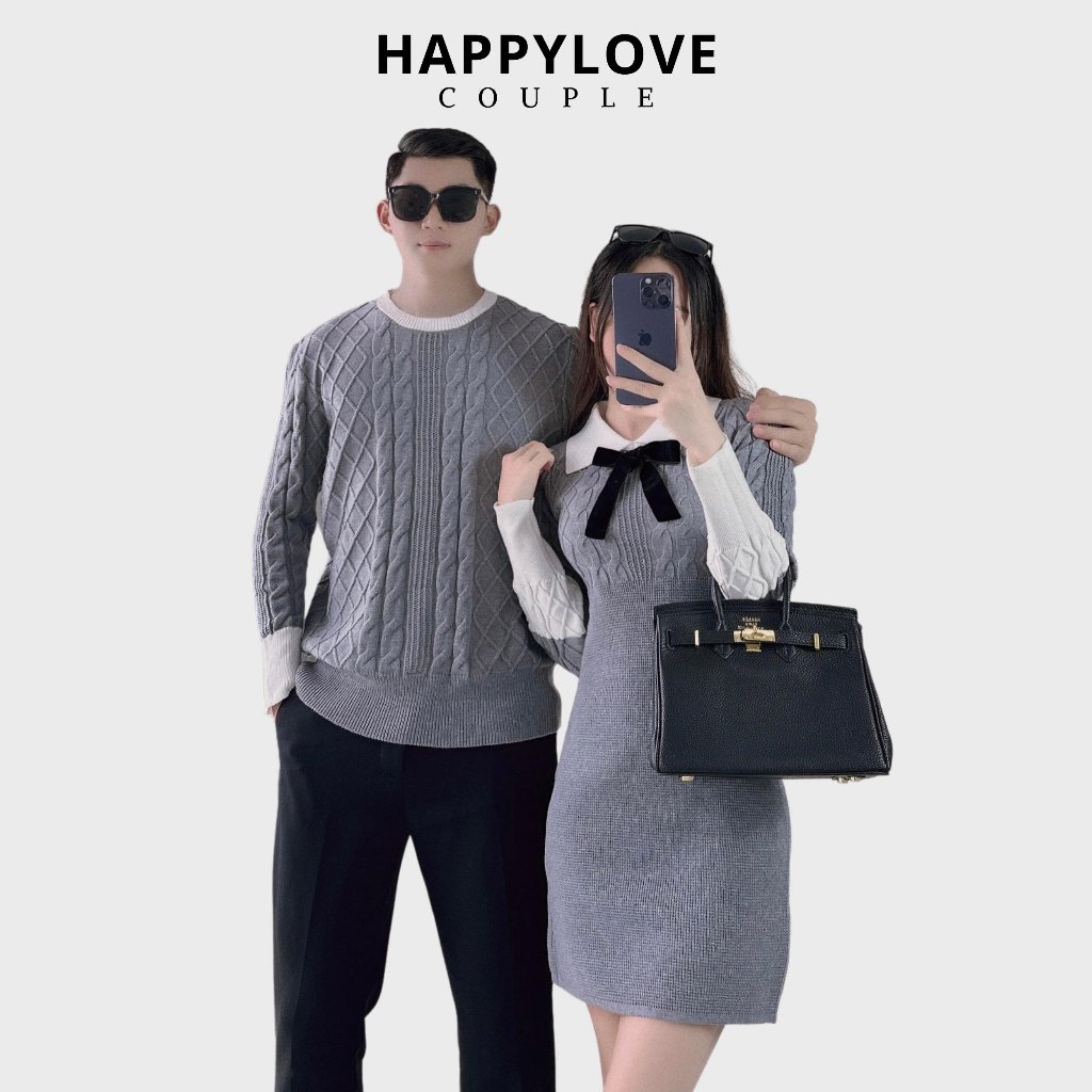 Set đồ đôi couple áo nam đầm nữ len dài tay thu đông HAPPYLOVE màu ghi xám thời trang cặp đôi M140