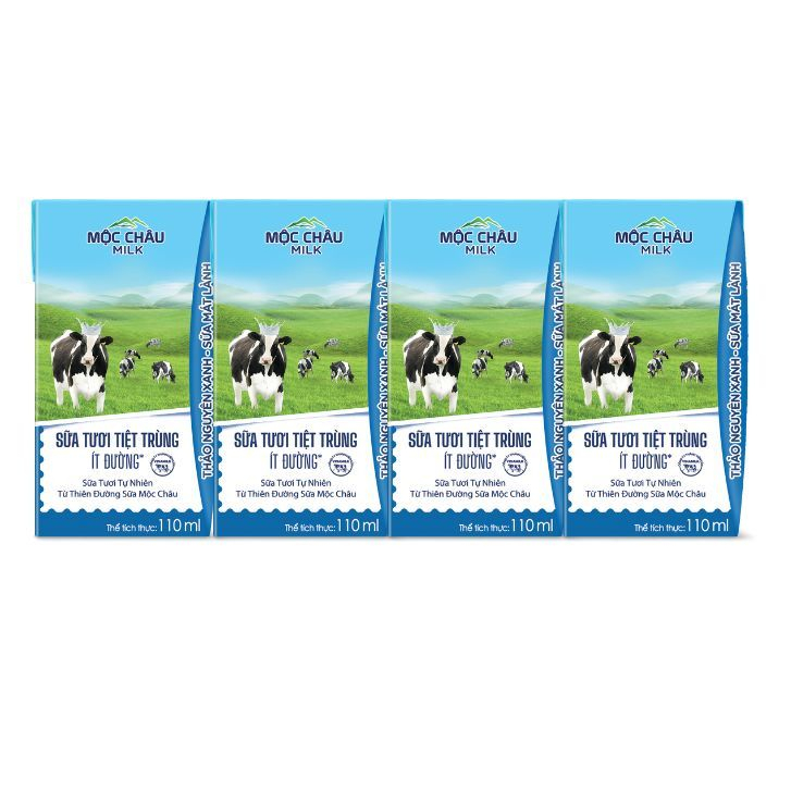 Lốc 4 hộp Sữa tươi tiệt trùng Ít đường 110ml Mộc Châu Milk
