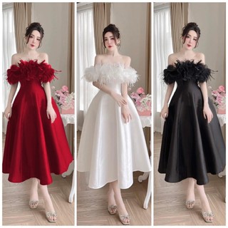 ĐẦM BẸT VAI ĐÍNH HOA LÔNG VŨ