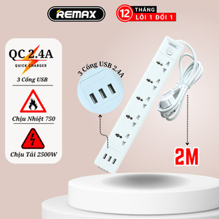 Ổ cắm điện đa năng 5 phích cắm - 3 cổng usb sạc nhanh 2.4a - chịu tải 2500w - remax rv-05 - bảo hành 12 tháng