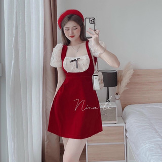 Váy đầm nhung phối ren trắng tay phồng nơ ngực đinh cườm thiết kế xinh xắn dễ thương