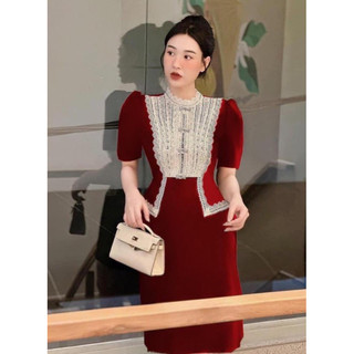 Đầm nhung nữ Quảng Châu thiết kế màu đỏ phối ren đính đá sang trọng trẻ trung, Váy dự tiệc nữ sang trọng rẻ đẹp