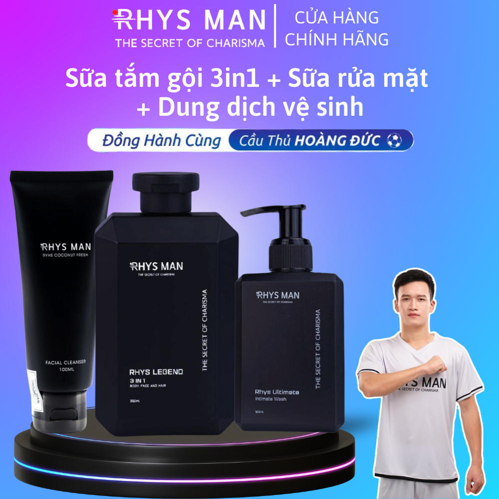 Combo Sữa tắm gội nam 3in1 Legend 350 ml & Sữa rửa mặt nam 100ml & Dung dịch vệ sinh nam 120ml RHYS MAN chính hãng