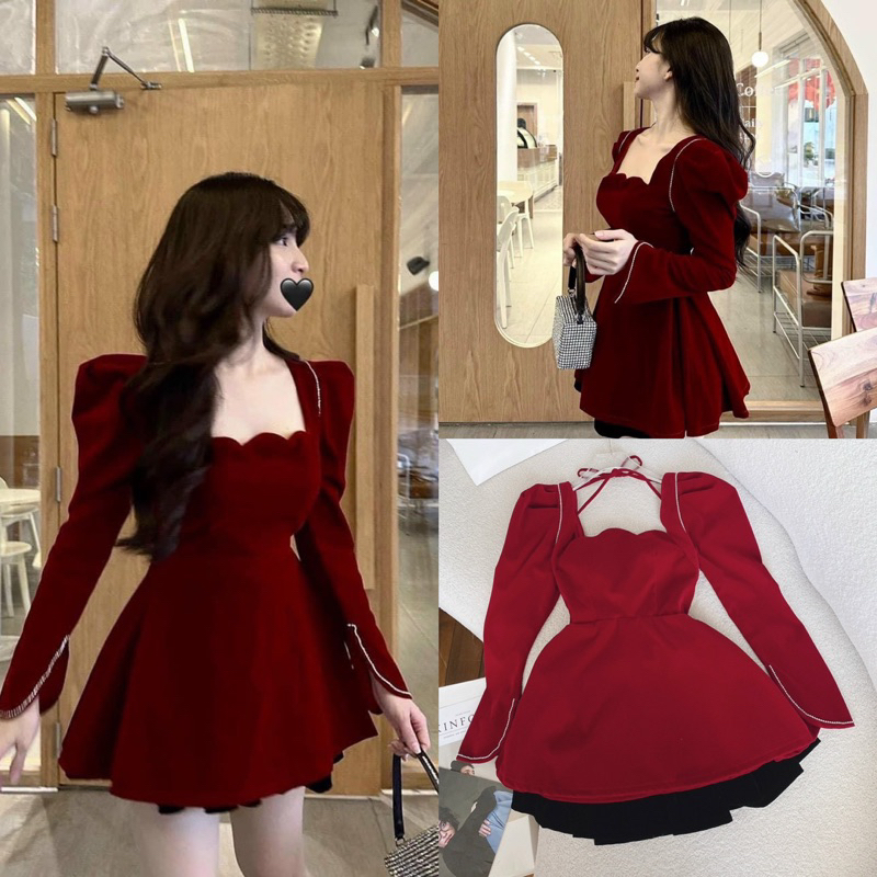 SET ÁO ĐỎ NHUNG CỔ VUÔNG + CHÂN VÁY ĐEN